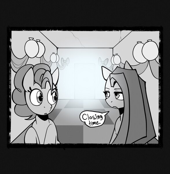 Size: 2002x2048 | Tagged: safe, artist:melodymelanchol, derpibooru import, pinkie pie, earth pony, pony, comic:rotten harmony, balloon, black and white, dialogue, female, grayscale, image, jpeg, mare, monochrome, pinkamena diane pie, speech bubble