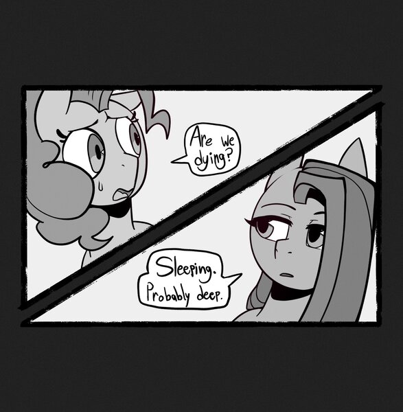 Size: 2002x2048 | Tagged: safe, artist:melodymelanchol, derpibooru import, pinkie pie, earth pony, pony, comic:rotten harmony, black and white, comic, dialogue, female, grayscale, image, jpeg, mare, monochrome, pinkamena diane pie, speech bubble