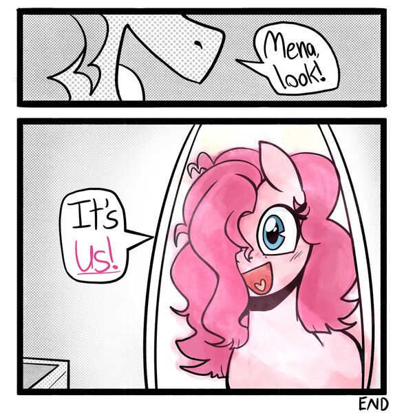 Size: 2002x2048 | Tagged: safe, artist:melodymelanchol, derpibooru import, pinkie pie, earth pony, pony, comic:rotten harmony, comic, dialogue, female, image, jpeg, mare, mirror, screentone, solo, speech bubble