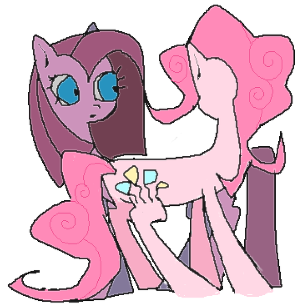 Size: 731x740 | Tagged: safe, artist:ponykip, derpibooru import, pinkie pie, earth pony, pony, blue eyes, colored, curly mane, curly tail, duality, female, flat colors, g4, image, looking at each other, looking at someone, mare, ms paint, pink coat, pink mane, pink tail, pinkamena diane pie, png, self paradox, self ponidox, shrunken pupils, simple background, straight mane, straight tail, tail, white background