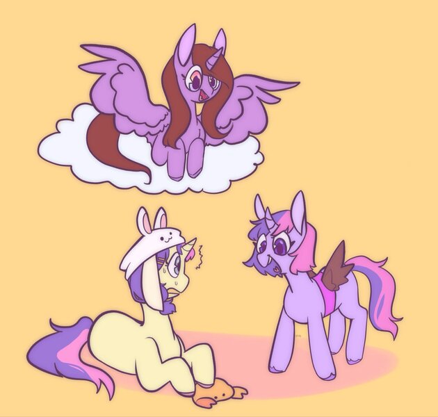 Size: 2048x1952 | Tagged: safe, artist:melodymelanchol, derpibooru import, oc, oc:hodge podge, oc:melody, oc:twilight snivy, unofficial characters only, alicorn, pony, unicorn, alicorn oc, cloud, curved horn, fake wings, female, floppy ears, horn, image, jpeg, lying down, mare, on a cloud, plushie, prone, simple background, spread wings, unshorn fetlocks, wings, yellow background