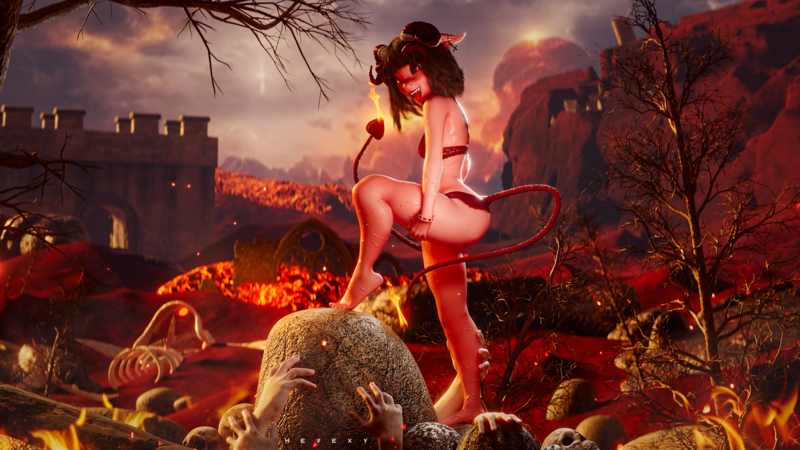 Size: 3840x2160 | Tagged: suggestive, artist:hevexy, derpibooru import, oc, oc:akiko, unofficial characters only, anthro, demon, plantigrade anthro, succubus, 3d, bedroom eyes, blender, butt, clothes, elf ears, female, fire, hell, high res, holding, horns, image, looking at you, nudity, open mouth, partial nudity, png, raised leg, scenery, seductive, sexy, solo, solo female, standing, thighs, tongue out, underwear
