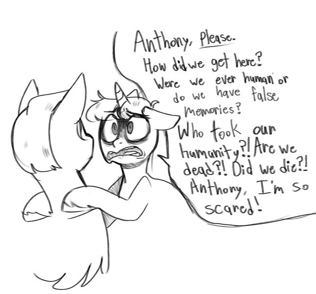 Size: 1238x1151 | Tagged: safe, artist:melodymelanchol, derpibooru import, ponified, pegasus, pony, unicorn, anthony padilla, black and white, dialogue, duo, grayscale, horn, ian hecox, image, jpeg, male, monochrome, simple background, smosh, speech bubble, stallion, white background