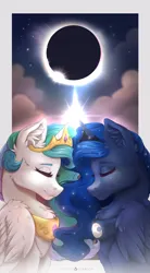Size: 2850x5175 | Tagged: safe, alternate version, artist:serenity, derpibooru import, princess celestia, princess luna, alicorn, 2024 solar eclipse, alicorns only, chest fluff, cloud, duo, duo female, eclipse, eyes closed, feathered wings, female, fluffy, folded wings, g4, glow, glowing horn, high res, horn, horns are touching, image, jewelry, magic, moon, peytral, png, regalia, royal sisters, siblings, sisters, sisters being sisters, solar eclipse, stars, sun, sunset, wings