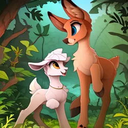 Size: 512x512 | Tagged: safe, ai content, machine learning generated, ponerpics import, deer, sheep, forest, generator:pony diffusion v6 xl, image, lamb, png, prompt in description, tree