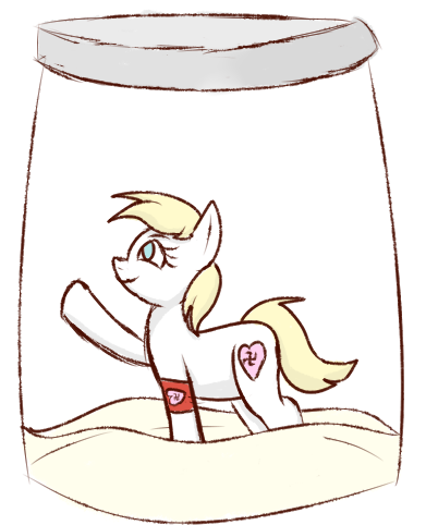Size: 391x482 | Tagged: questionable, anonymous artist, oc, oc:aryanne, unofficial characters only, earth pony, pony, armband, cum, cum in container, cum jar, female, heil, image, jar, mare, png, pony cum jar project, pony in a bottle, simple background, solo, white background