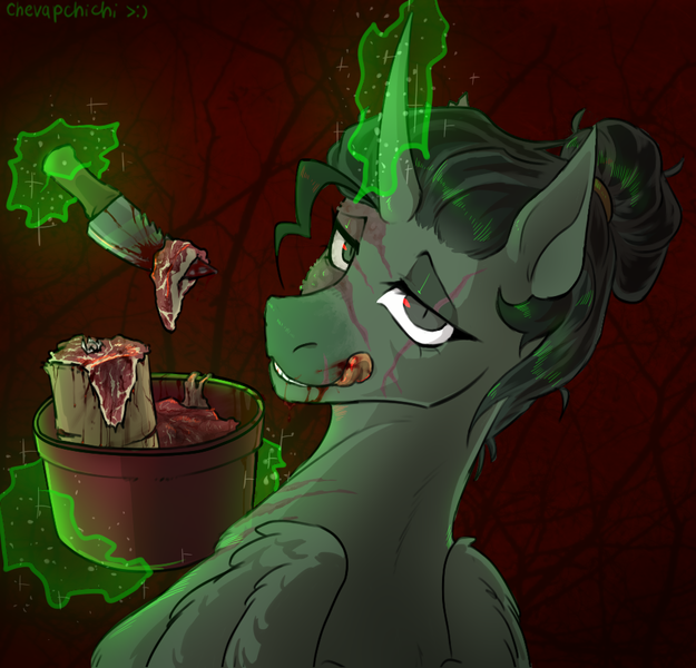 Size: 949x911 | Tagged: grotesque, semi-grimdark, artist:chevapchichi_, derpibooru import, oc, alicorn, pony, blood, cannibalism, cruel, digital art, eating, eye scar, female, folded wings, food, green eyes, hooves, image, knife, magic, meat, png, rear view, scar, short hair, simple background, solo, tail, telekinesis, tongue out, wings