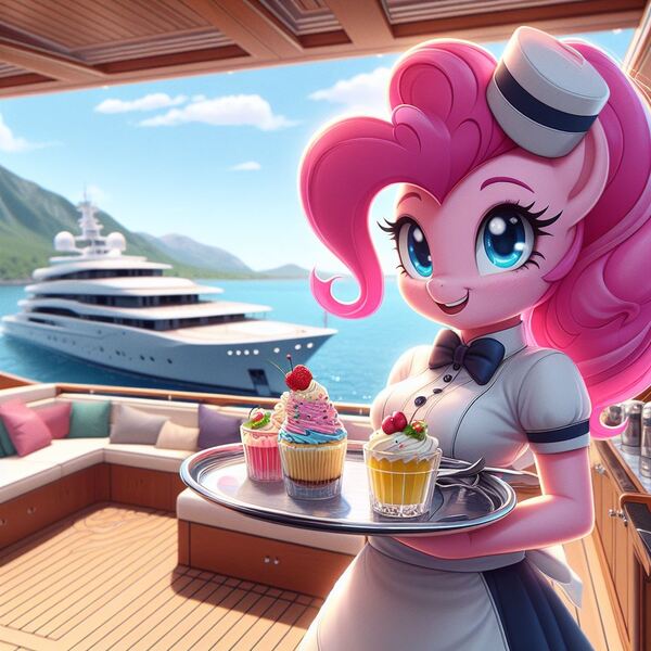 Size: 1024x1024 | Tagged: safe, ai content, derpibooru import, machine learning generated, anthro, cupcake, food, image, jpeg, ocean, solo, waitress, water, yacht