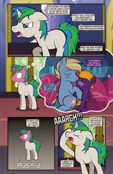 Size: 1920x2948 | Tagged: safe, artist:alexdti, derpibooru import, oc, oc:brainstorm (alexdti), oc:purple creativity, oc:star logic, pony, comic:quest for friendship retold, blushing, image, kissing, png, twilight's castle