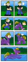 Size: 1735x3761 | Tagged: safe, artist:joltink, derpibooru import, oc, oc:sky charger, unofficial characters only, human, inflatable pony, pegasus, pooltoy pony, happy, hose, human to pony, image, inflatable, male, png, swimming pool, transformation, transformation sequence