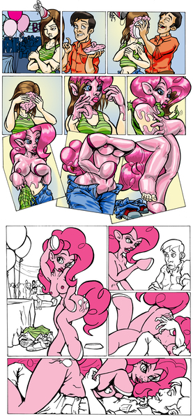 Size: 778x1686 | Tagged: questionable, artist:bemerry, derpibooru import, pinkie pie, anthro, goo, human, unguligrade anthro, arm hooves, birthday, bondage, boyfriend and girlfriend, breasts, comic, encasement, female, human facial structure, human to anthro, image, jpeg, lipstick, male, nipples, nudity, on top, pie in the face, pounce, straight, transformation
