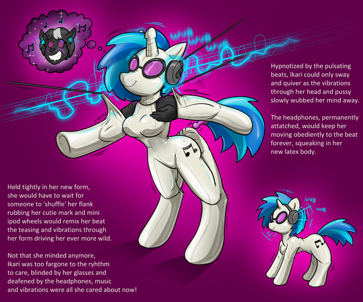 Size: 4704x3912 | Tagged: questionable, artist:redflare500, banned from derpibooru, derpibooru import, vinyl scratch, oc, oc:ikari, anthro, plantigrade anthro, pony, unicorn, absurd resolution, all fours, anal tail plug, bdsm, bitchsuit, bondage, breasts, buttplug, encasement, featureless breasts, featureless crotch, feet, female, furry, furry oc, glasses, grin, headphones, horn, hypnosis, image, in progress, insertion, latex, latex suit, mare, mask, masking, mind break, mind control, permanent, permanent bondage, png, ponysuit, purple background, seams, sex toy, simple background, smiling, stilted bitchsuit, swirly eyes, vibrator, wub