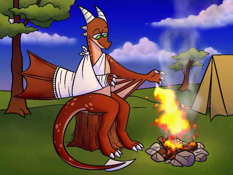 Size: 960x720 | Tagged: safe, artist:thornshadow, derpibooru import, oc, oc:ash, dragon, wyvern, bandage, broken bone, broken wing, bruised, campfire, camping, cast, claws, colored wings, commission, dragon oc, dragonified, fire, image, injured, magic, male, non-pony oc, outdoors, png, pyrokinesis, sling, species swap, tail, tree, wings