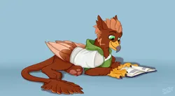 Size: 4100x2250 | Tagged: safe, artist:rutkotka, derpibooru import, oc, oc:pavlos, gryphon, bandage, beak, book, broken bone, broken wing, cast, cheek fluff, claws, clothes, colored wings, commission, eared griffon, folded wings, griffon oc, hoodie, image, injured, lying down, male, non-pony oc, paw pads, paws, png, reading, relaxing, sling, tail, toe beans, underpaw, wings