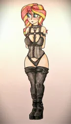 Size: 2034x3543 | Tagged: suggestive, artist:cmdraj, derpibooru import, sunset shimmer, human, equestria girls, blushing, bondage, boots, clothes, collar, corset, cuffs, g4, harness, high heel boots, image, jpeg, shoes, socks, solo, stockings, tack, thigh highs, traditional art