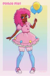 Size: 2100x3200 | Tagged: safe, artist:lovelylaurenarts, artist:lovelylaurenog, derpibooru import, pinkie pie, human, alternate hairstyle, balloon, blackwashing, blushing, bracelet, clothes, cute, dark skin, diapinkes, dress, female, gradient background, humanized, image, jewelry, jpeg, nail polish, no more ponies at source, open mouth, shoes, shorts, sneakers, socks, solo, stockings, thigh highs
