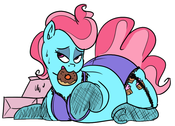 Size: 748x539 | Tagged: suggestive, artist:polofastter, artist:secretgoombaman12345, derpibooru import, cup cake, pony, ask chubby diamond, chubby, clothes, donut, fat, female, food, g4, image, png, simple background, socks, solo, solo female, stockings, thick cup cake, thigh highs, transparent background