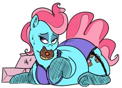 Size: 748x539 | Tagged: suggestive, artist:polofastter, artist:secretgoombaman12345, derpibooru import, cup cake, pony, ask chubby diamond, chubby, clothes, donut, fat, female, food, g4, image, png, simple background, socks, solo, solo female, stockings, thick cup cake, thigh highs, transparent background