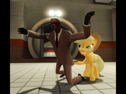 Size: 640x480 | Tagged: safe, artist:udamkracer, applejack, earth pony, human, pony, unicorn, 3d, anal insertion, applejack's hat, butterfly knife, cowboy hat, crossover, dying, evil smirk, female, frown, gmod, hat, image, insertion, mare, mp4, music, smiling, spy, surprise buttsex, surprised, tail, team fortress 2