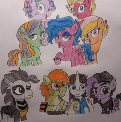Size: 1450x1468 | Tagged: safe, artist:jebens1, derpibooru import, aura (character), melody, sweet notes, tuneful, anthro, earth pony, hippogriff, pegasus, unicorn, g1, angel (tmnt), buffy shellhammer, carter (tmnt), dialogue in the description, eyebrows, front view, horn, image, jpeg, michelangelo, notepad, pretty beat, raised eyebrow, rockin' beats, singing, smiling, sofia the first, song in the description, song reference, traditional art