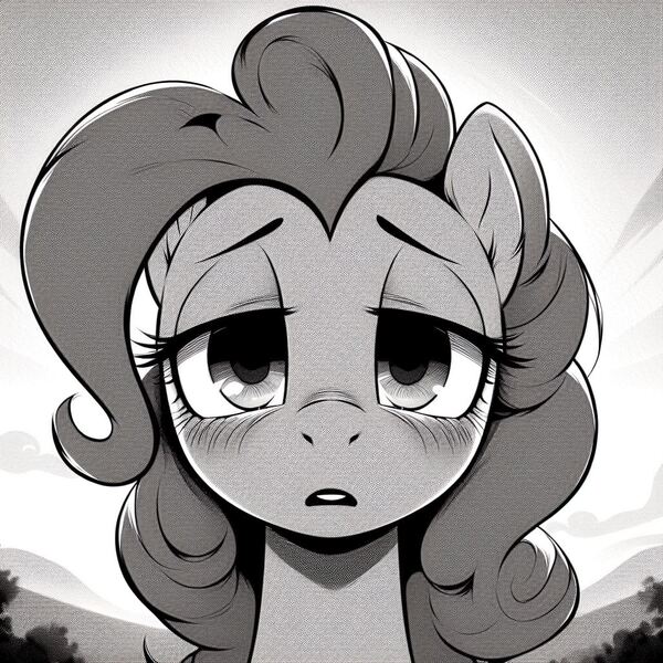 Size: 1024x1024 | Tagged: safe, ai content, derpibooru import, machine learning generated, prompter:enterusxrname, pinkie pie, earth pony, pony, bags under eyes, depressed, g4, generator:bing image creator, generator:dall-e 3, image, jpeg, outdoors, sad, solo, tired