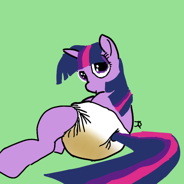 Size: 640x640 | Tagged: questionable, artist:joeydr, derpibooru import, twilight sparkle, alicorn, pony, diaper, diaper fetish, female, fetish, green background, image, mare, messy diaper, png, simple background, solo