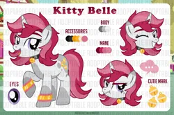 Size: 1100x732 | Tagged: safe, artist:jennieoo, derpibooru import, oc, oc:kitty belle, pony, unicorn, adoptable, adoptable open, auction, auction open, cutie mark, eye, eyes, happy, horn, image, looking at you, mole, one eye closed, piercing, png, reference sheet, smiling, smiling at you, solo, tongue piercing, wink