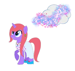 Size: 662x629 | Tagged: safe, artist:selenaede, artist:user15432, derpibooru import, oc, oc:shimmer cloud, pony, unicorn, base used, clothes, cloud, cutie mark, dress, dust, ear piercing, earring, g4, high heels, horn, image, jewelry, necklace, piercing, pink mane, pink tail, png, purple coat, raised hoof, shoes, simple background, smiling, sparkles, stars, tail, transparent background, white dress