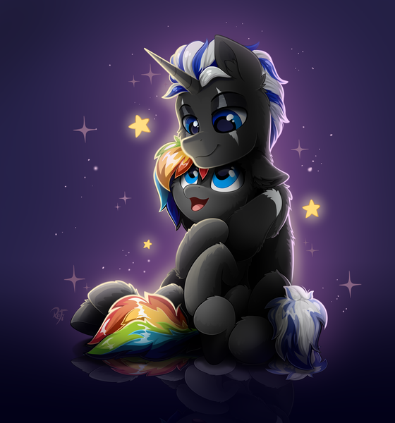 Size: 2800x3000 | Tagged: safe, artist:rainbowfire, derpibooru import, oc, oc:rainbowfire, unofficial characters only, pony, unicorn, :3, beautiful, blue eyes, couple, cute, duo, female, galaxy, happiness, horn, hug, image, love, male, mare, png, stallion, stars, the cosmos