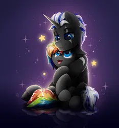 Size: 2800x3000 | Tagged: safe, artist:rainbowfire, derpibooru import, oc, oc:rainbowfire, unofficial characters only, pony, unicorn, :3, beautiful, blue eyes, couple, cute, duo, female, galaxy, happiness, horn, hug, image, love, male, mare, png, stallion, stars, the cosmos