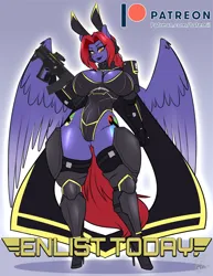 Size: 693x900 | Tagged: suggestive, alternate version, artist:tatemil, derpibooru import, oc, oc:heat sink, anthro, pegasus, big breasts, breasts, female, gun, helldiver, helldivers, helldivers 2, huge breasts, image, jpeg, solo, solo female, thick, thighs, thunder thighs, weapon, wide hips
