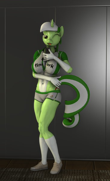 Size: 1317x2160 | Tagged: safe, alternate version, artist:zgsfm, derpibooru import, oc, oc:baetica castanets, unofficial characters only, anthro, plantigrade anthro, pony, unicorn, 3d, 3d model, ;p, andalusia, breasts, coat markings, female, guitar, horn, image, mare, musical instrument, one eye closed, png, raised hoof, real betis, solo, spain, tongue out, tree, wink