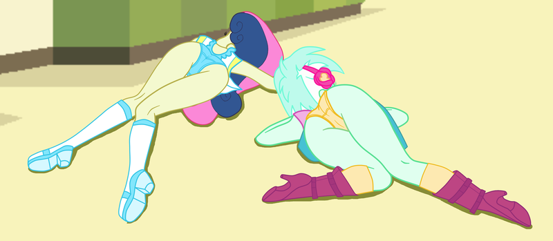 Size: 4571x1994 | Tagged: suggestive, artist:gmaplay, derpibooru import, bon bon, lyra heartstrings, sweetie drops, equestria girls, ass, bon butt, butt, clothes, defeated, female, g4, image, lesbian, lyra hindstrings, lyrabon, panties, png, shipping, solo, unconscious, underwear