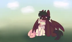 Size: 3400x2000 | Tagged: safe, artist:puppie, derpibooru import, oc, oc:soft sonance, oc:stormchaser, unofficial characters only, pegasus, cuddling, cute, gradient background, grass, happy, hug, image, loving gaze, png, wingding eyes, winghug, wings