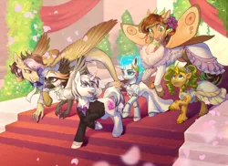 Size: 4000x2911 | Tagged: safe, artist:helemaranth, derpibooru import, oc, oc:chel silktail, oc:echo trot, oc:eldorada, oc:ira, oc:season's greetings, oc:yiazmat, unofficial characters only, draconequus, kirin, pony, robot, robot pony, unicorn, clothes, couple, draconequus oc, dress, female, flower, flower in hair, hooves, horn, horns, husband and wife, husband and wives, image, jewelry, kirin oc, male, marriage, necklace, paws, png, polyamory, polygamy, ship:echomat, ship:irazmat, ship:yiaztail, shipping, spread wings, suit, tail, talons, tiara, unicorn oc, wedding, wedding dress, wings, yiarada, yiaztail