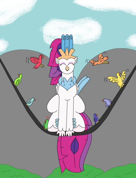 Size: 2394x3144 | Tagged: safe, artist:supahdonarudo, derpibooru import, queen novo, bird, classical hippogriff, hippogriff, my little pony: the movie, behaving like a bird, cloud, eyes closed, hippogriffs doing bird things, image, mountain, png, power line, sitting, tree