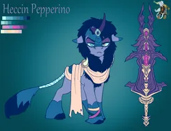 Size: 1566x1200 | Tagged: safe, artist:brainiac, derpibooru import, oc, oc:heccin pepperino, kirin, pony, female, image, mare, png, redesign, reference sheet, solo, sword, weapon