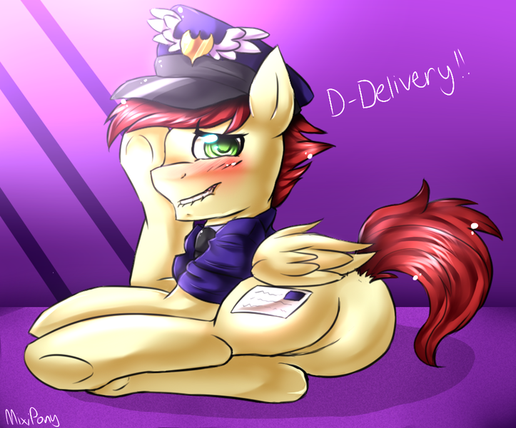 Size: 926x768 | Tagged: safe, artist:mixipony, derpibooru import, care package, special delivery, pegasus, pony, blushing, butt, clothes, embarrassed, hat, image, lying down, mailpony, mailpony uniform, male, plot, png, solo, stallion