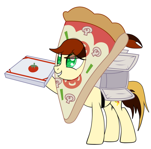 Size: 2524x2500 | Tagged: safe, artist:yesic01, derpibooru import, oc, oc:toffie, unofficial characters only, pegasus, pony, base used, clothes, commission, costume, female, food, grin, image, mare, mascot costume, pizza, pizza box, png, raised hoof, simple background, smiling, solo, transparent background, wingless, ych result