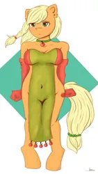Size: 1125x2000 | Tagged: suggestive, artist:shypuppy, derpibooru import, applejack, anthro, earth pony, unguligrade anthro, belly button, blushing, breasts, busty applejack, chibi, clothes, dress, g4, gloves, image, jewelry, png, simple background, solo