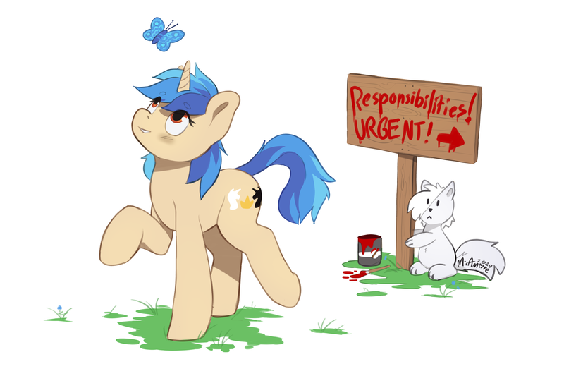 Size: 2400x1600 | Tagged: safe, artist:miramore, derpibooru import, oc, butterfly, insect, pony, unicorn, wolf, 2024, adhd, cute, cutie mark, distracted, grass, horn, image, paint, paintbrush, png, sign, signature, simple background, solo