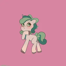 Size: 2480x2480 | Tagged: safe, artist:starburstuwu, derpibooru import, screencap, oc, oc:prixy, unofficial characters only, pony, unicorn, blushing, bow, female, hair bow, high res, hoof on chin, horn, image, jpeg, looking up, mare, purple background, simple background, tail, tail bow, unshorn fetlocks