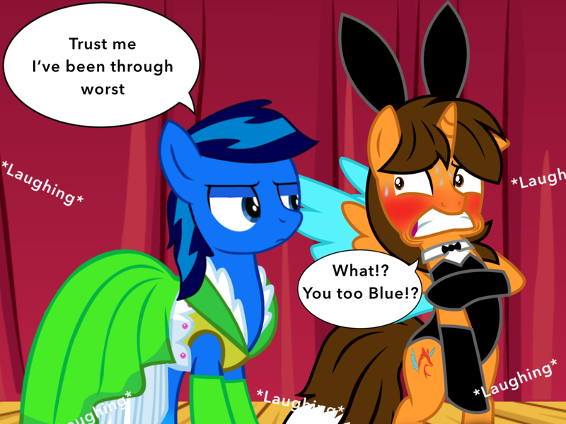 Size: 1024x768 | Tagged: safe, artist:bluemario11, derpibooru import, oc, oc:blue thunder, oc:ej, pony, animal costume, bunny costume, clothes, costume, embarrassed, g4, image, male, png, stage, stallion