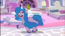 Size: 1287x720 | Tagged: safe, derpibooru import, screencap, izzy moonbow, g5, my little pony: tell your tale, spoiler:g5, spoiler:my little pony: tell your tale, spoiler:tyts01e42, bracelet, couch, crystal brighthouse, cute, dizzy, dizzy izzy, dizzy moonbow, firework-ing together, friendship bracelet, glow, glowing horn, horn, image, izzybetes, jewelry, lamp, living room, open mouth, pillow, plant, png, swirly eyes