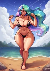 Size: 1440x2048 | Tagged: suggestive, ai content, derpibooru import, machine learning generated, stable diffusion, princess celestia, human, beach, big breasts, bra, breasts, clothes, curvy, derpibooru exclusive, feet, female, generator:pony diffusion v6 xl, hourglass figure, humanized, image, panties, png, prompter:inky heart, solo, solo female, underwear, wide hips