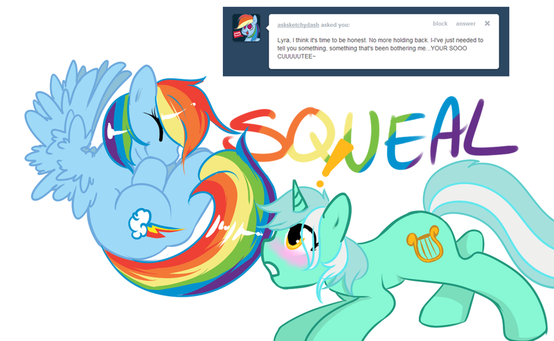 Size: 1280x788 | Tagged: safe, artist:azure-doodle, derpibooru import, lyra heartstrings, rainbow dash, pony, blushing, image, png, sexually confused lyra