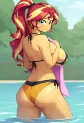 Size: 3328x4864 | Tagged: suggestive, ai content, derpibooru import, machine learning generated, stable diffusion, sunset shimmer, human, equestria girls, ass, back, big breasts, bikini, breasts, bunset shimmer, busty sunset shimmer, butt, clothes, female, g4, generator:pony diffusion v6 xl, generator:purplesmart.ai, high res, huge breasts, image, looking at you, looking back, looking back at you, png, ponytail, prompter:lerkyboy, sideboob, solo, solo female, swimsuit, towel, water, wet