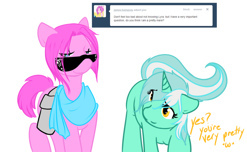 Size: 1280x788 | Tagged: safe, artist:azure-doodle, derpibooru import, lyra heartstrings, oc, oc:james hairspray, pony, image, png, sexually confused lyra, sunglasses