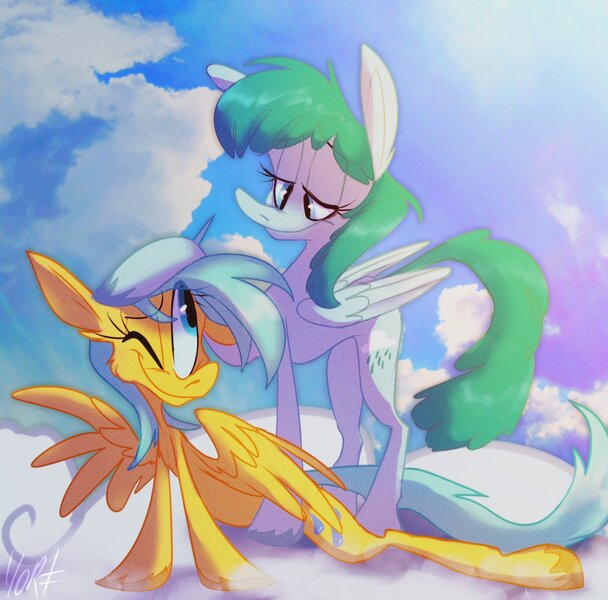 Size: 1500x1480 | Tagged: safe, artist:chortzykit, derpibooru import, spring melody, sprinkle medley, sunshower raindrops, pegasus, pony, cloud, concave belly, duo, duo female, female, g4, image, jpeg, on a cloud, sky, standing on a cloud, thin