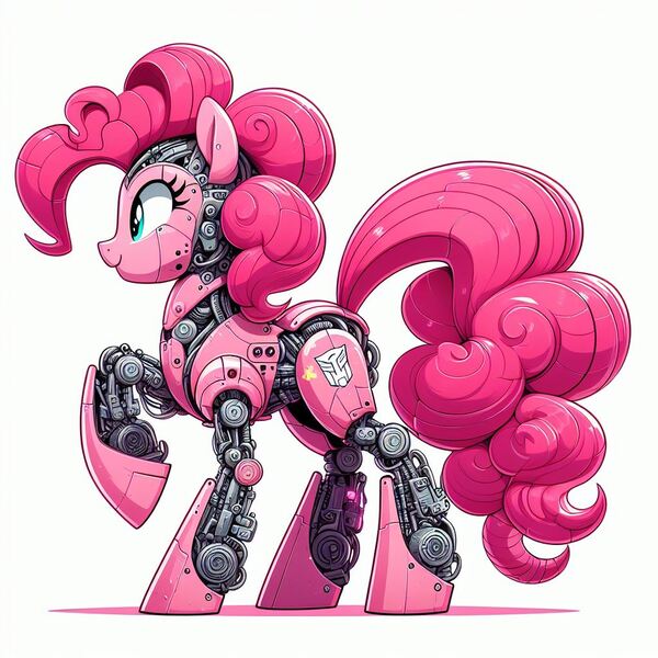 Size: 1024x1024 | Tagged: safe, ai content, derpibooru import, editor:giantpony, machine learning assisted, machine learning generated, prompter:giantpony, pinkie pie, earth pony, pony, robot, robot pony, amalgamation, augmented, autobot, concave belly, cute, cybertronian, diapinkes, female, g4, generator:bing image creator, generator:dall-e 3, image, implied fusion, jpeg, mashup, pinkamena diane pie, pinkie bot, pinkie pie hair, robotic, roboticization, solo, transformerfied, transformers